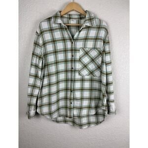 Aerie Plaid Flannel Shirt Shacket Small White Brown Green Fall Earth‎ Tones Cozy
